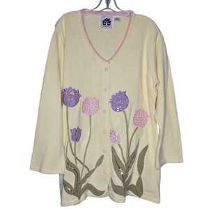Storybook Knits Womens Cardigan Tulip Applique Sequin Easter Spring pastel Sz L